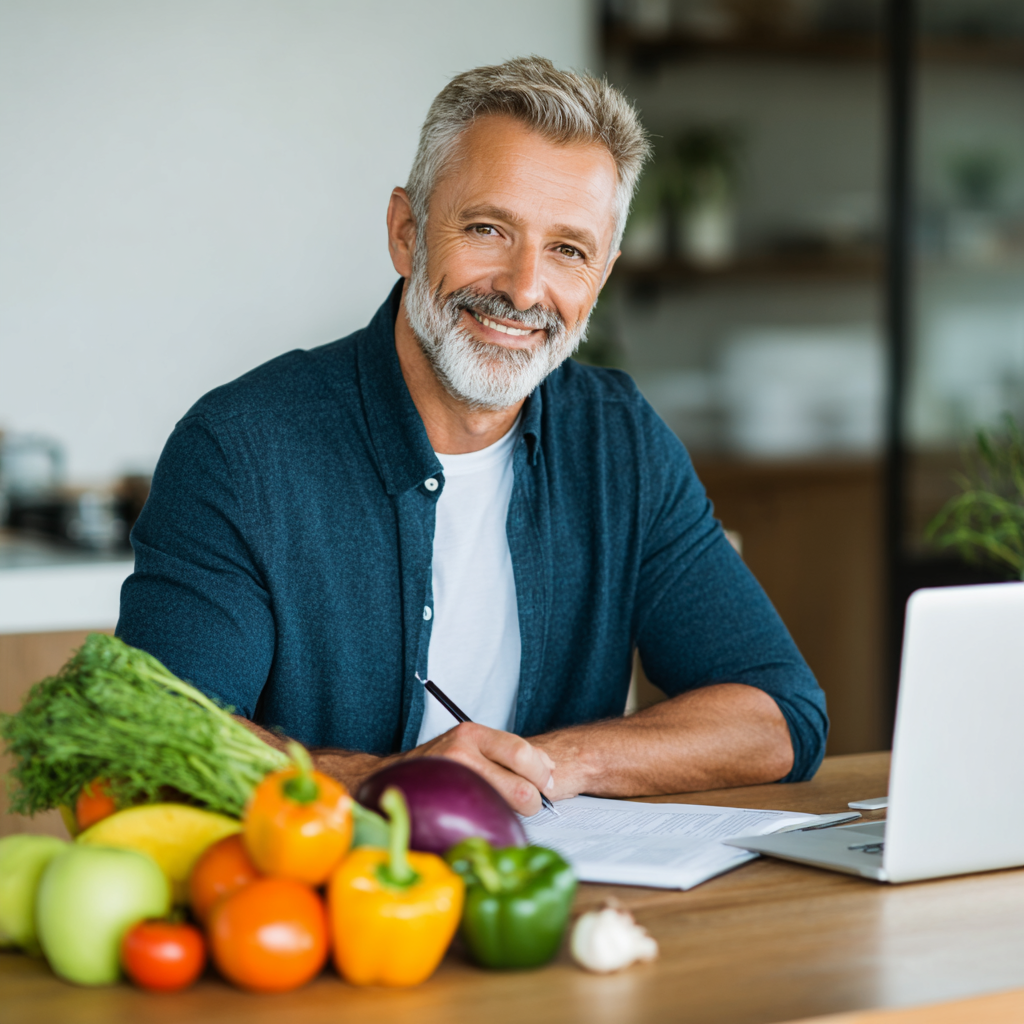 Confident man in his fifties reviewing nutrition plans at a clean, organized desk with fresh fruits and vegetables, displaying satisfaction and trust in his healthy lifestyle choices