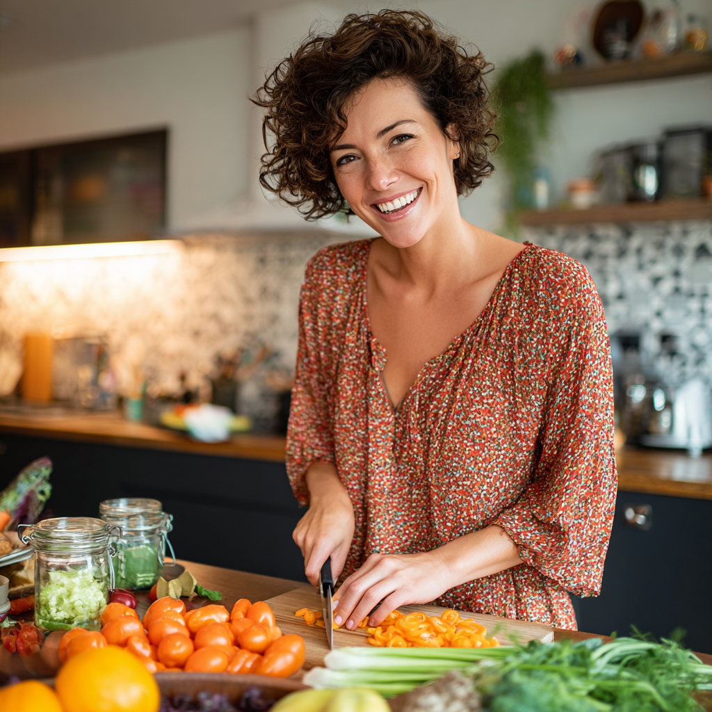 Smiling woman in her forties preparing a colorful, nutritious meal in a modern kitchen, chopping fresh vegetables and fruits with enthusiasm and joy